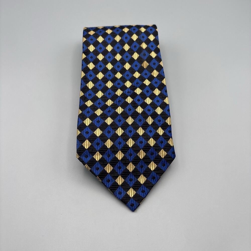 Hickey Freeman Collection Mens Silk Tie Geometric Diamond Made In USA Blue Gold